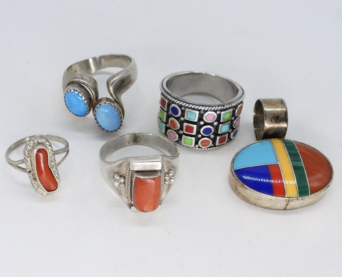 Opal, Turquoise, Red Coral Rings & Pendant: Four sterling rings with opal, turquoise & red coral gemstones. Sizes 2.5, 7, 8. Multi gemstone sterling pendant, 1.5" long. (15 dwt)