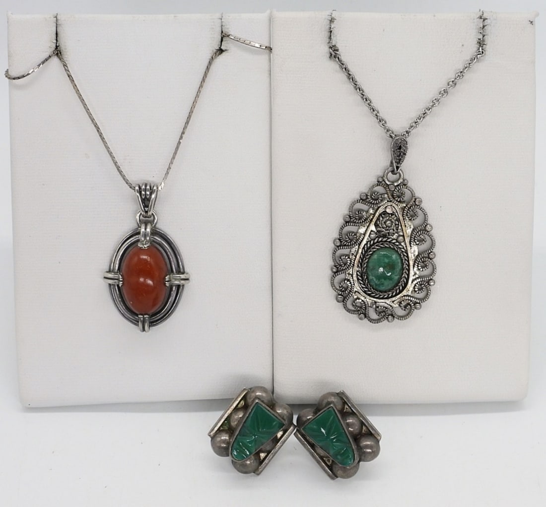 Green Onyx & Other Gemstone 925 Necklaces: Two sterling necklaces with unidentified gemstones, 18" long chains. One pair of vintage sterling screw back earrings with green onyx gemstones. (14 dwt)