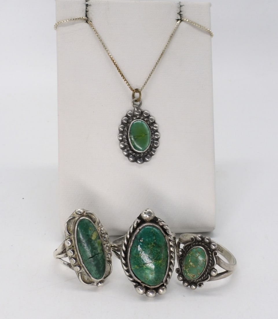 Green Turquoise Vintage Sterling Rings & More: Vintage sterling, Green Turquoise rings and necklace. Necklace is 20" long. Rings are size 6, 8, 10. (16 dwt)