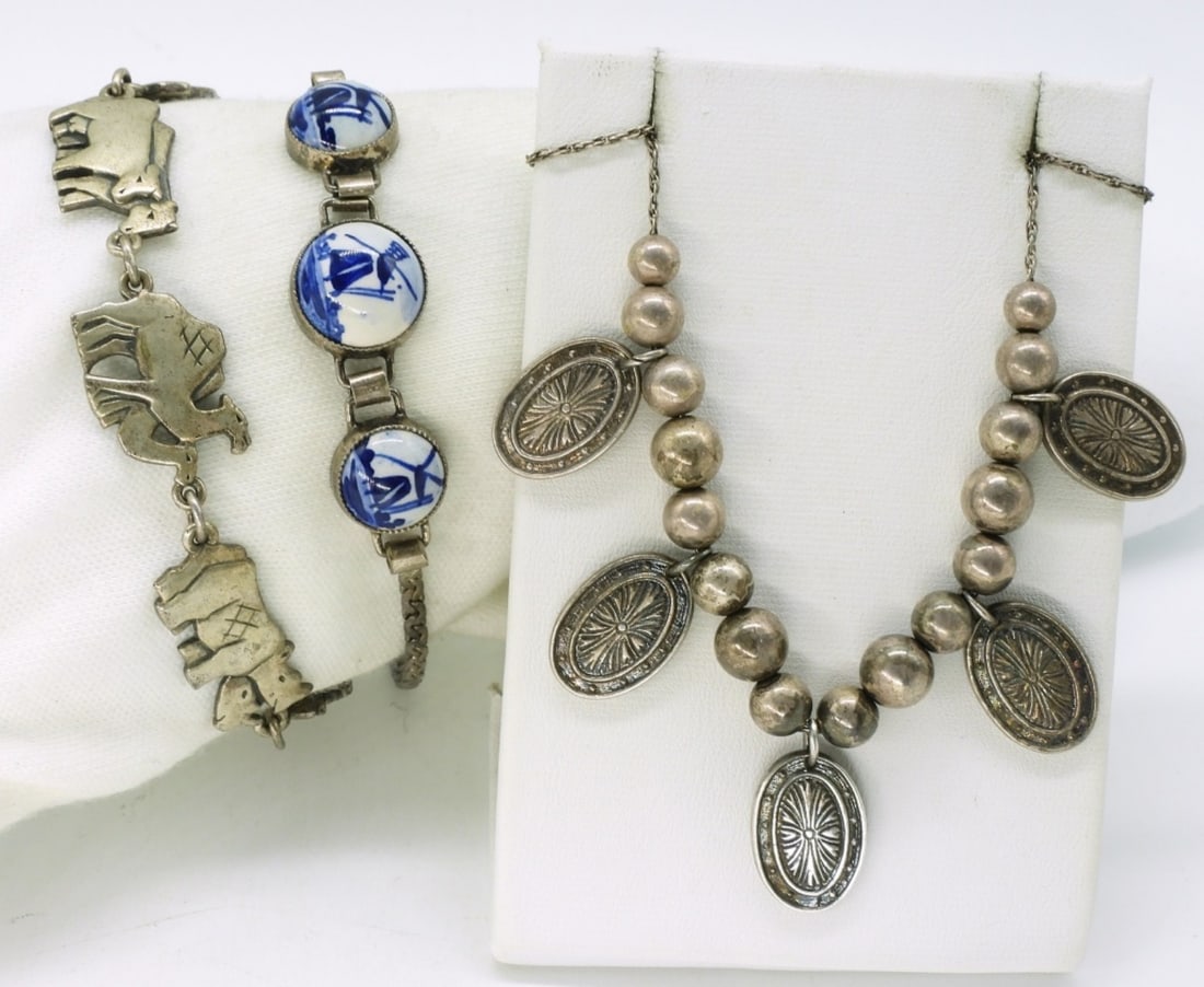 Delft 925 Porcelain Bracelet & More Vintage: Vintage sterling Delft blue and white windmill 7" bracelet. Sterling ark bracelet, 7". Vintage sterling necklace, 16" long. (26.7 dwt)