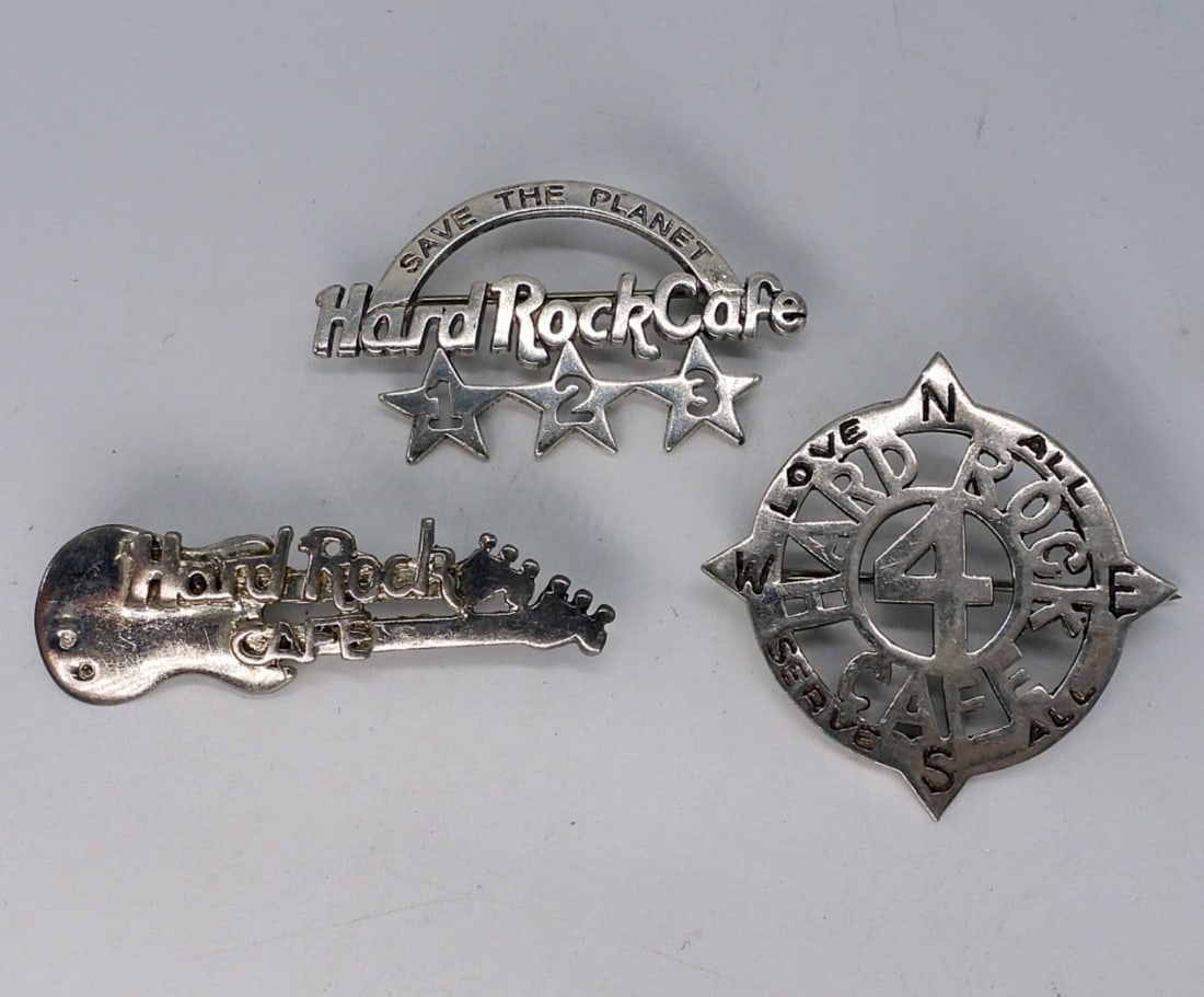 (3) Hard Rock Café Employee Pins 2, 3, 4: Three sterling Hard Rock Café, Employee employment pins, year 2, 3 & 4. (11.7 dwt)
