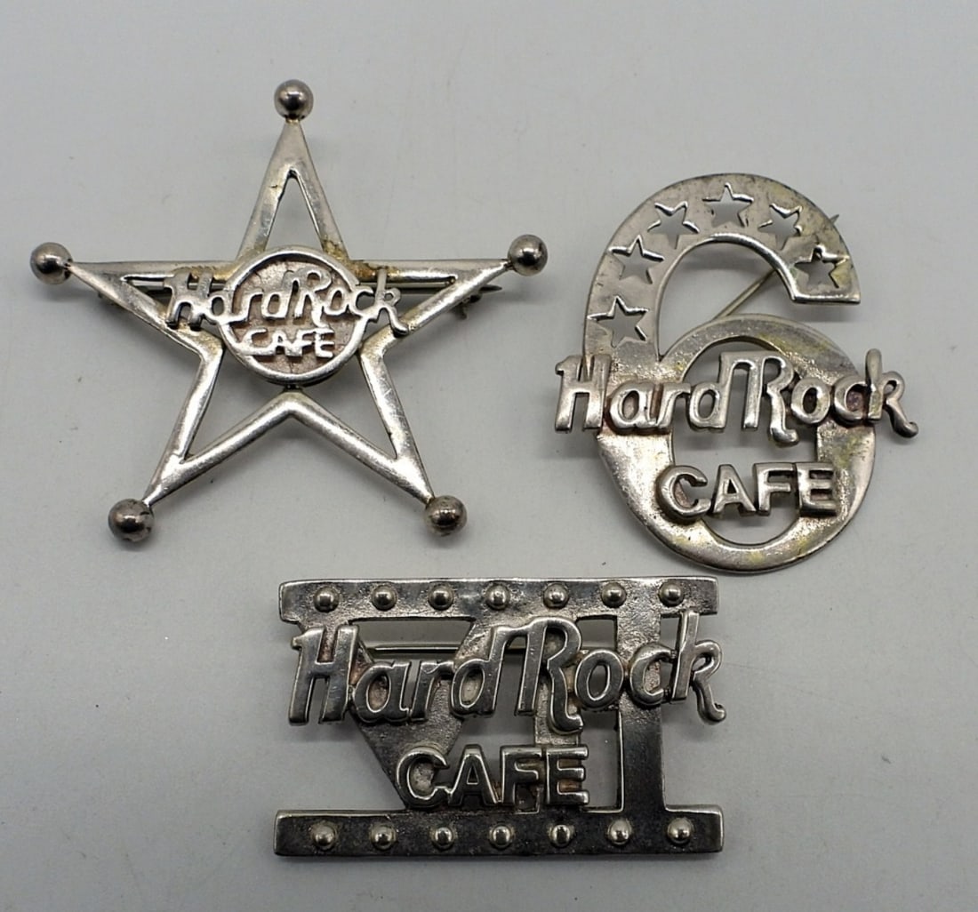(3) Hard Rock Café Employee Pins 5, 6, 7: Three sterling Hard Rock Café, Employee employment pins, year 5, 6 & 7. (15.6 dwt)