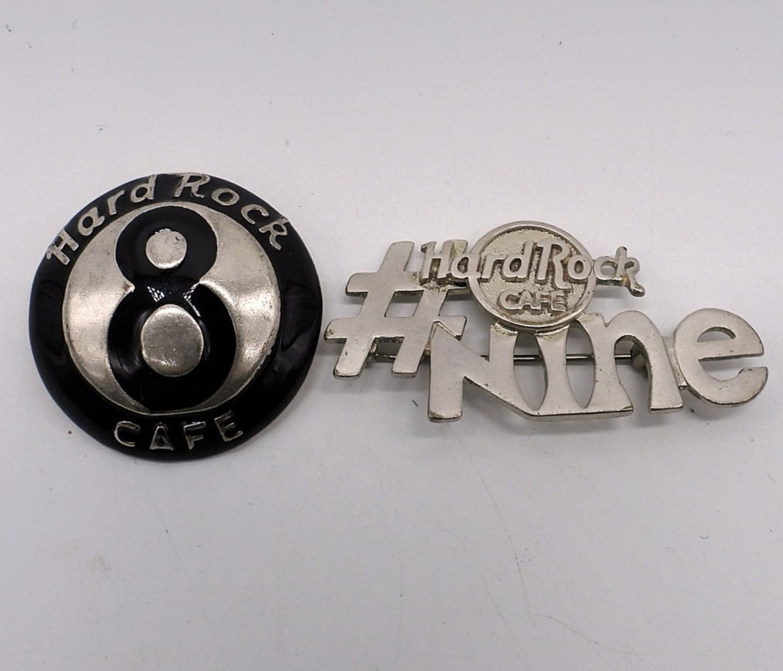 (2) Hard Rock Café Employee Pins 8 & 9: Two sterling Hard Rock Café, Employee employment pins, year 8 & 9. (12.8 dwt)