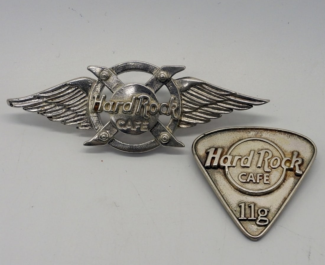 (2) Hard Rock Café Employee Pins 10 & 11: Two sterling Hard Rock Café, Employee employment pins, year 10 & 11. (18.1 dwt)