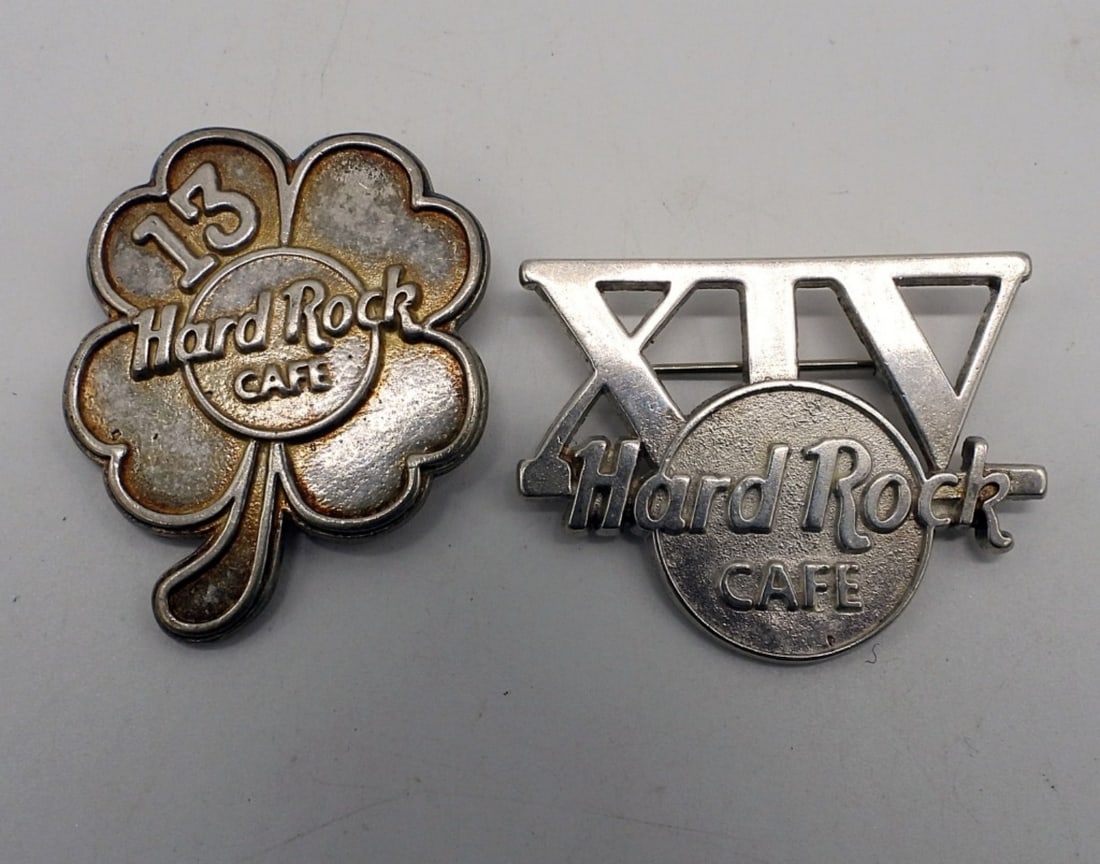 (2) Hard Rock Café Employee Pins 13 & 14: Two sterling Hard Rock Café, Employee employment pins, year 13 & 14. (16.1 dwt)
