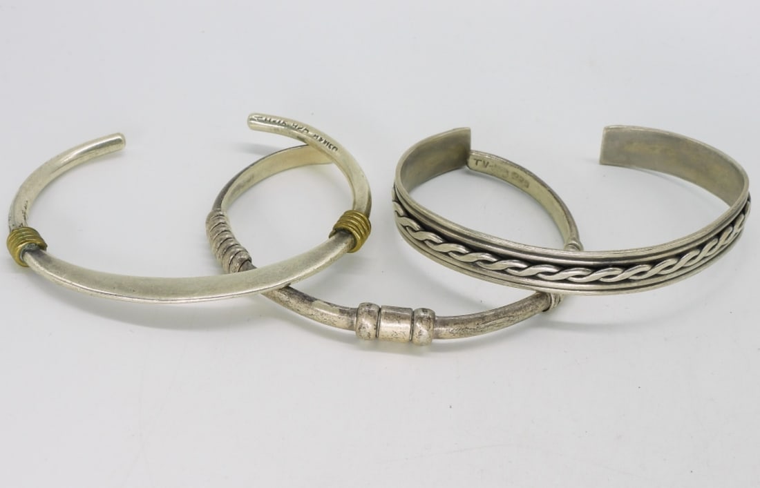 Taxco & Other Sterling Cuff Bracelets: 3 Sterling Cuff Bracelets. Taxco and two unmarked. (31.2 dwt) 6x4x2
