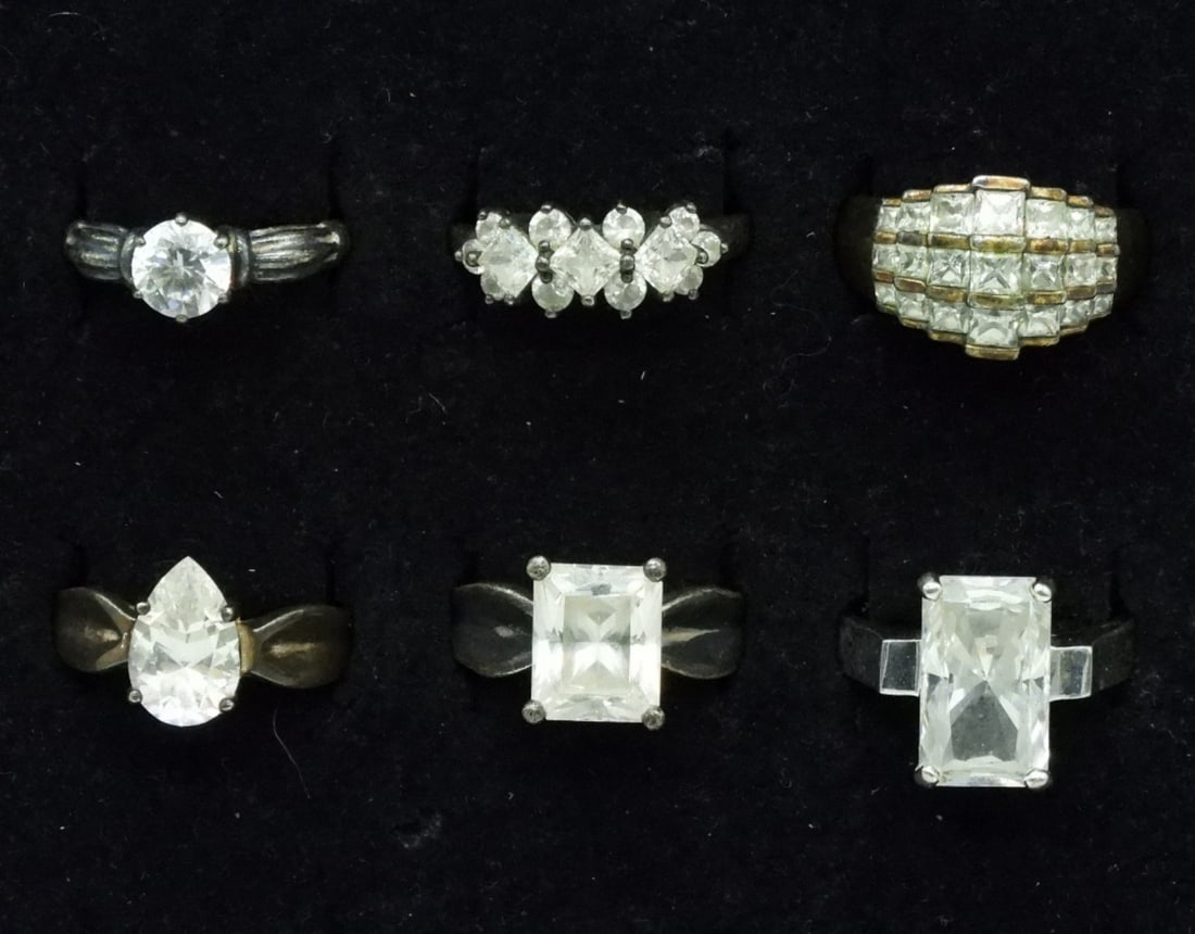 6 Sterling Bridal Style Rings: Six sterling bridal style rings, tarnished. Sizes 9 & 10. (20.2 dwt) (6x4x2)