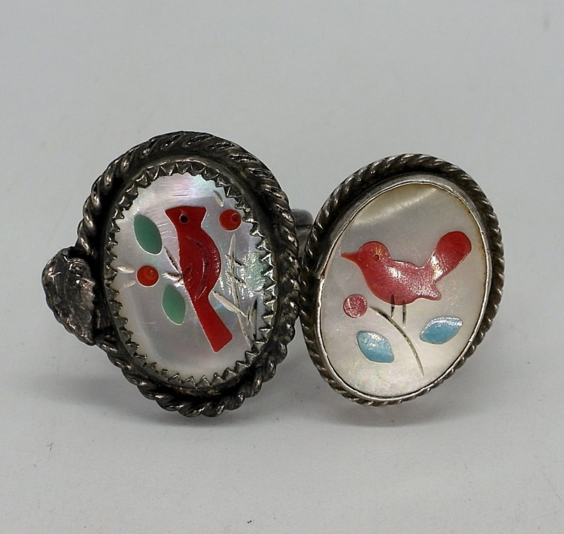 2 Cardinal Mother of Pearl 925 Rings: Two sterling rings, with mother of pearl gemstones and red cardinals. Sizes 5.5 & 7. (5 dwt)