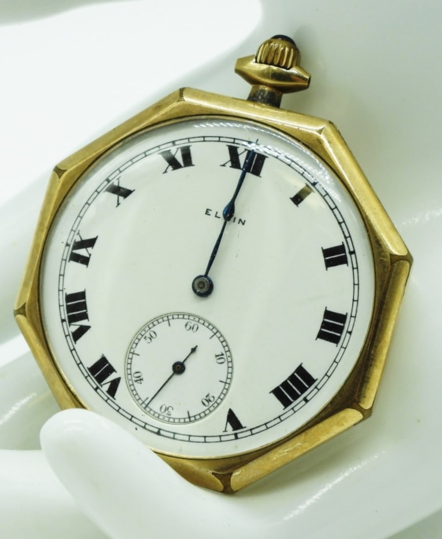 Elgin National Watch Co. Pocket Watch: This watch features a unique eight-sided octagonal design. Watches are not verified, authenticated, or tested in running condition unless specified.
