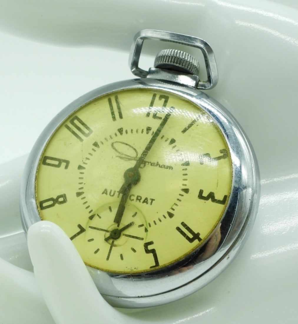 Ingraham Autocrat Pocket Watch: Features a chromium-plated finish. Watches are not verified, authenticated, or tested in running condition unless specified.