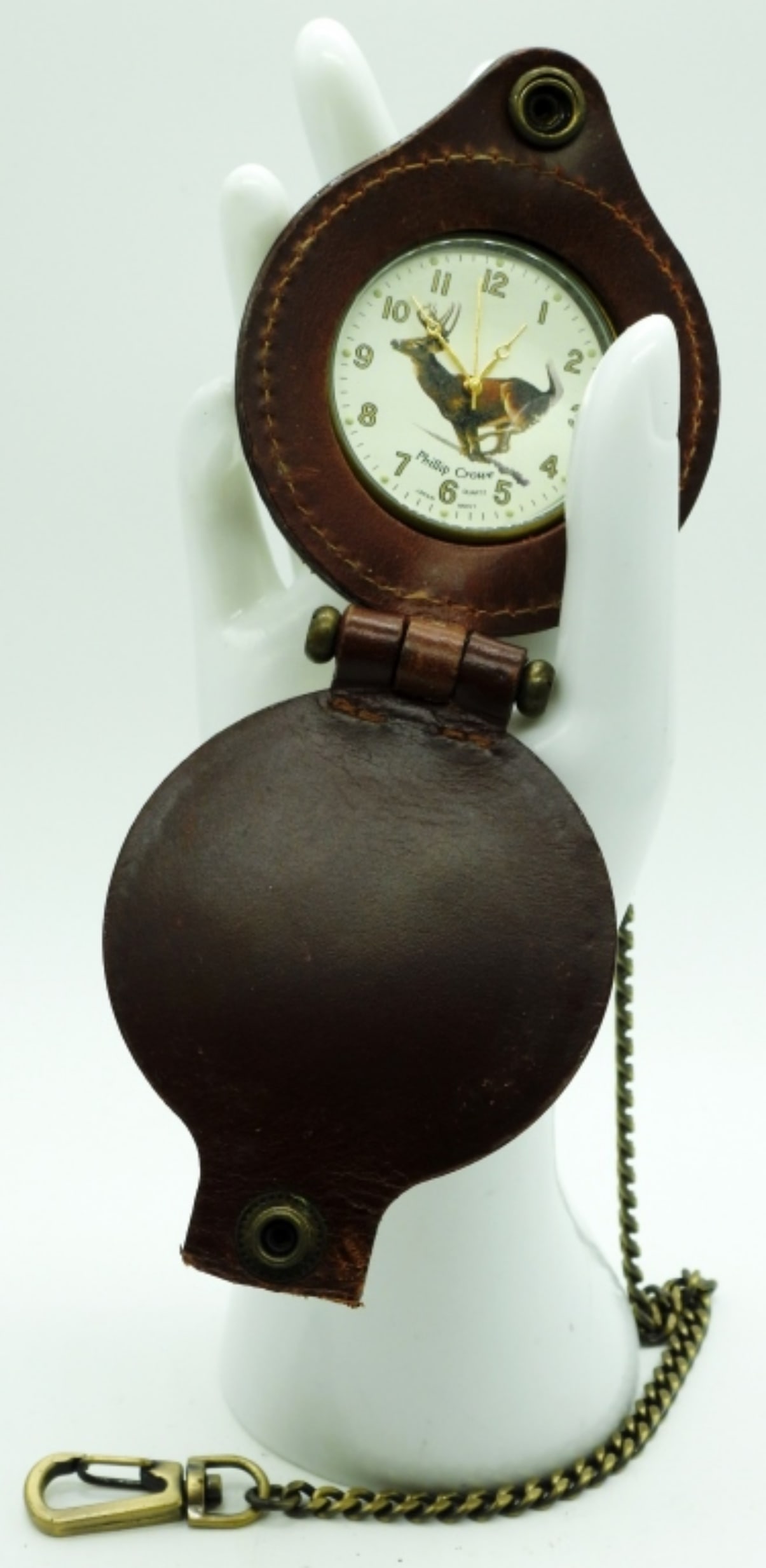 Phillip Crowe Deer Figure Pocket Watch: Produced by the Majesti Watch Co. Watches are not verified, authenticated, or tested in running condition unless specified.