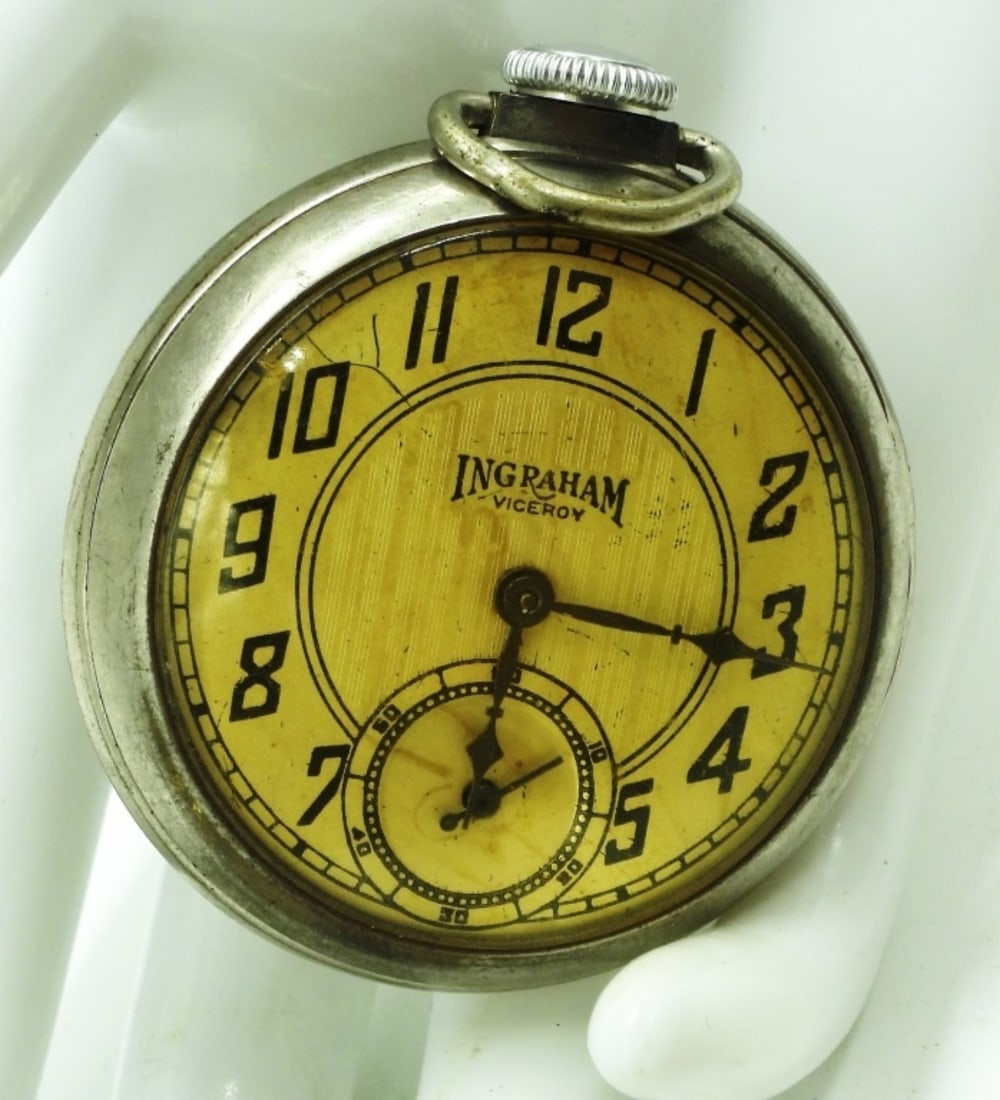 Ingraham Viceroy Pocket Watch: This watch features a manual-wind mechanical movement with a sub-dial for seconds and a chrome case. Watches are not verified, authenticated, or tested in running condition unless specified.