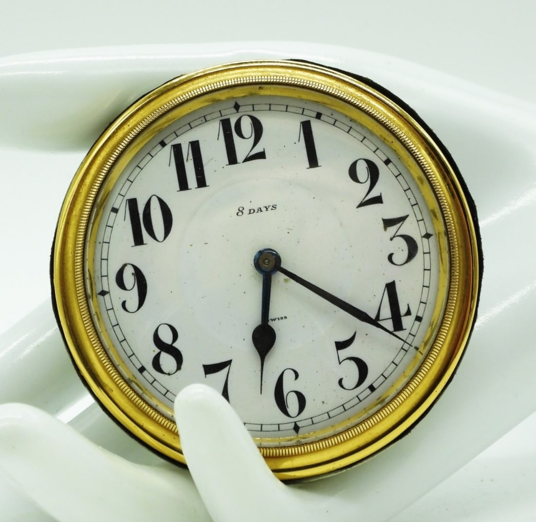 Octo Swiss Automobile Dashboard Desk Clock: "8 Days" is a wind-up clock that requires winding once a week. Has blue steel hands with a diameter of approximately 2.6 inches. Watches are not verified, authenticated, or tested in running