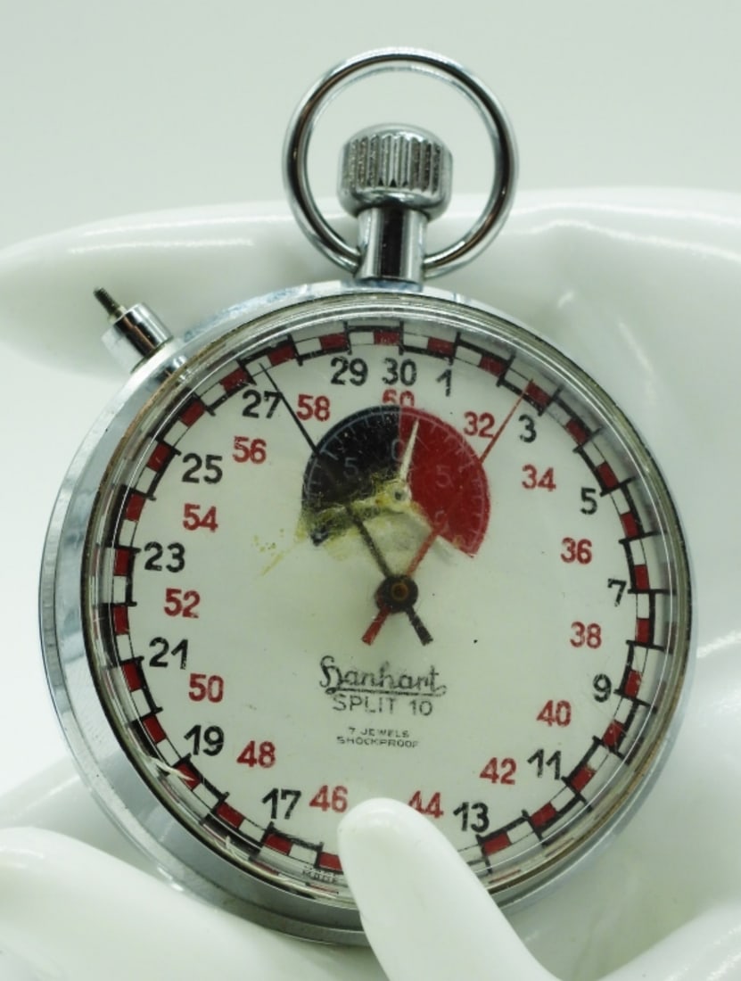 Hanhart Split 10 Mechanical Stopwatch: The watch features a 30-second dial for easier reading of 1/10th second intervals instead of the standard 60 seconds. Missing the button to stop, and the glass is scuffed. Watches are not
