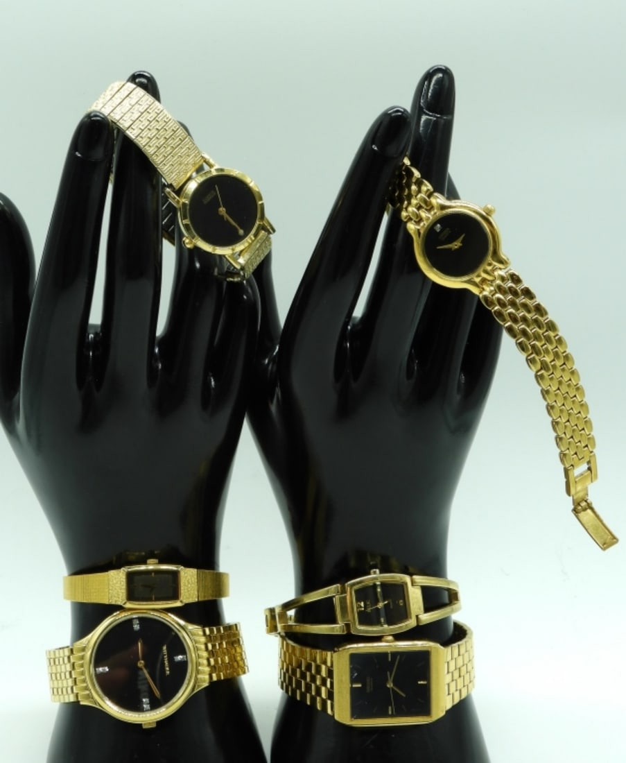 (6) Gold Tone Fashion Watches: 5- are clasp bands, 1-stretch band. Watches are not verified, authenticated, or tested in running condition unless otherwise specified.