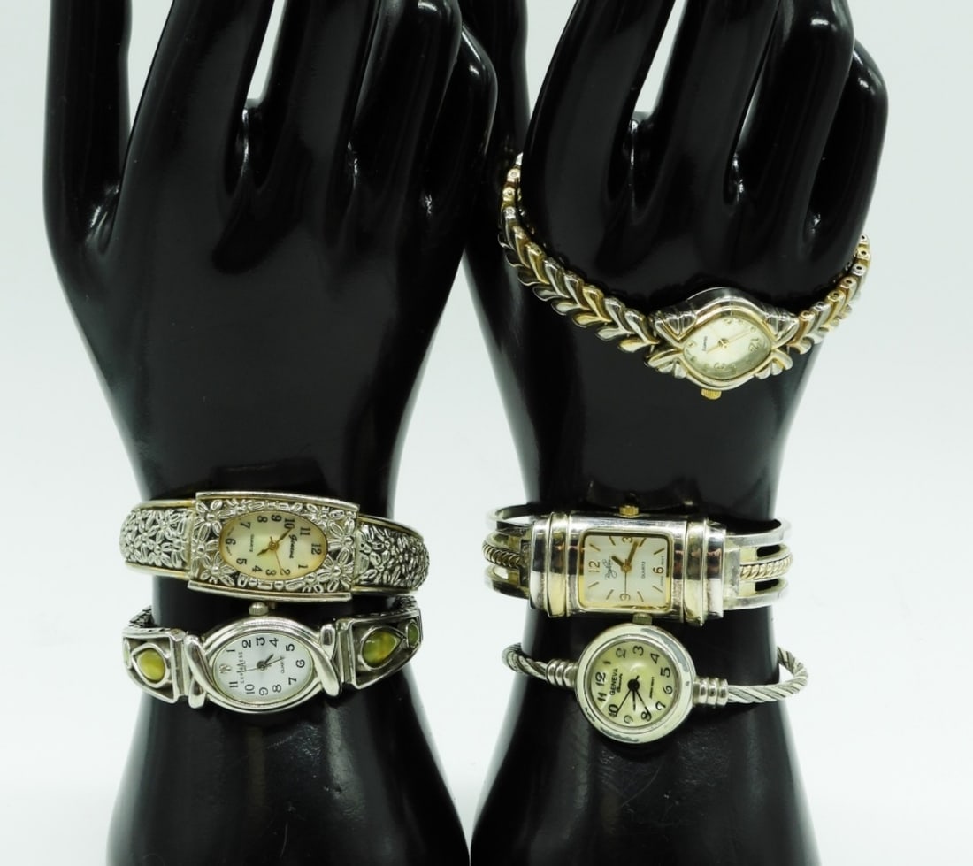 (5) Unique Fashion Watches: 3- cuff bands, 1- clasp, 1-stretchy. Watches are not verified, authenticated, or tested in running condition unless otherwise specified.