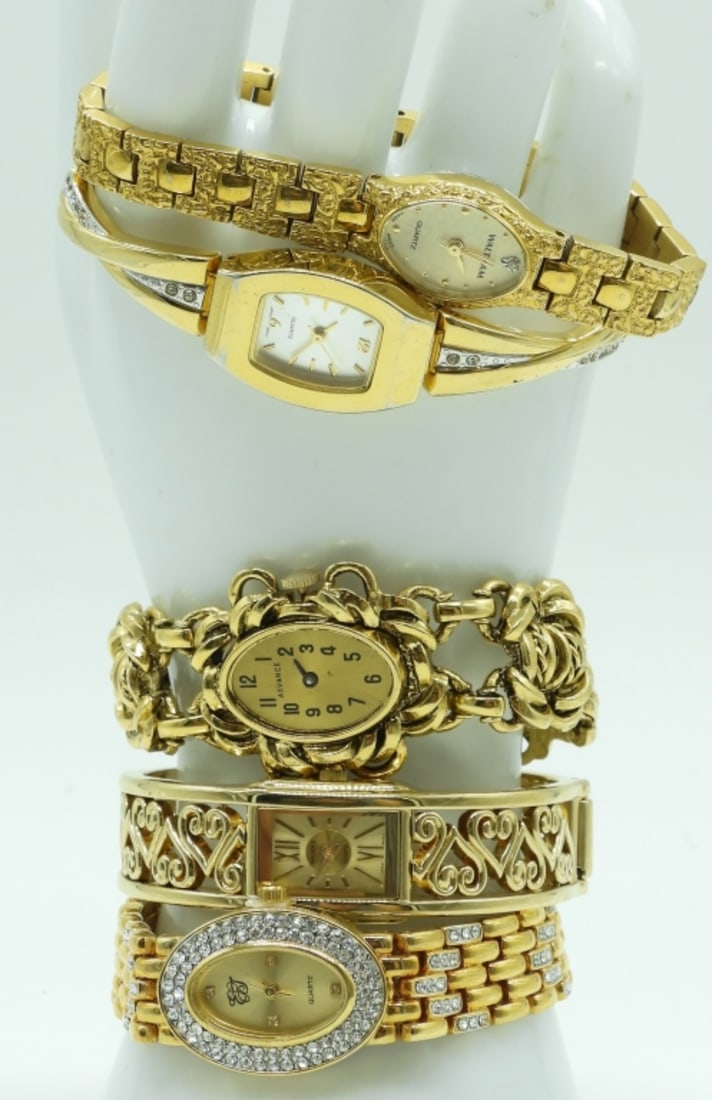 (5) Fashion Gold-Tone Watches: Unique styles. Watches are not verified, authenticated, or tested in running condition unless otherwise specified.