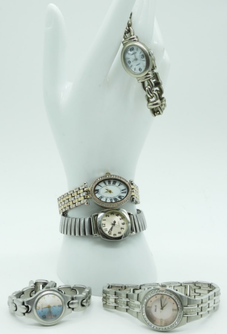 (5) Silver-Toned Watches: 4-clasp and 1- stretchy. Watches are not verified, authenticated, or tested in running condition unless otherwise specified.