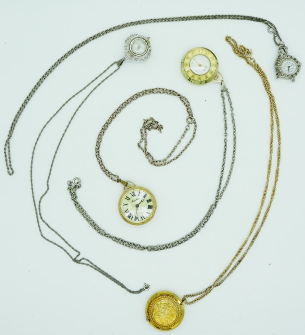 (5) Watch Necklaces: Silver-tone and gold-tone. Different styles and sizes. Watches are not verified, authenticated, or tested in running condition unless otherwise specified.