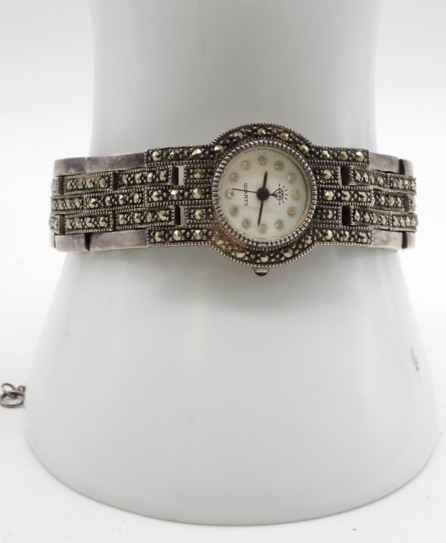 Sterling Marcasite Ladies Watch: Quartz - for repair, new battery, preowned (weight 39 dwt). Watches are not verified, authenticated, or tested in running condition unless specified.