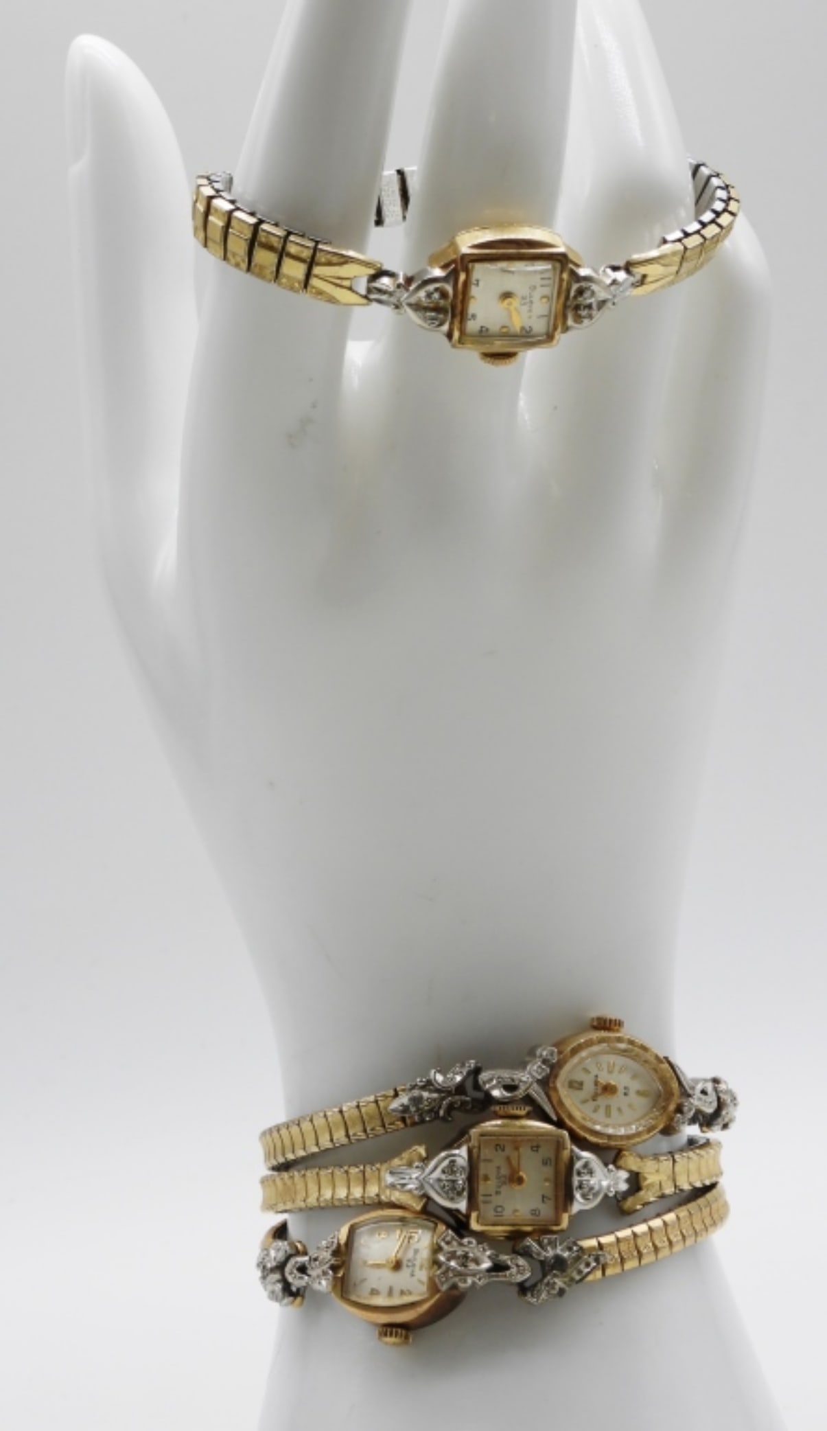 (4) Women's Danity Gold-Tone Bulova Watches: 23 Jewels, Gold Tone, Very cute, dainty. All bands are stretchy. Watches are not verified, authenticated, or tested in running condition unless specified.