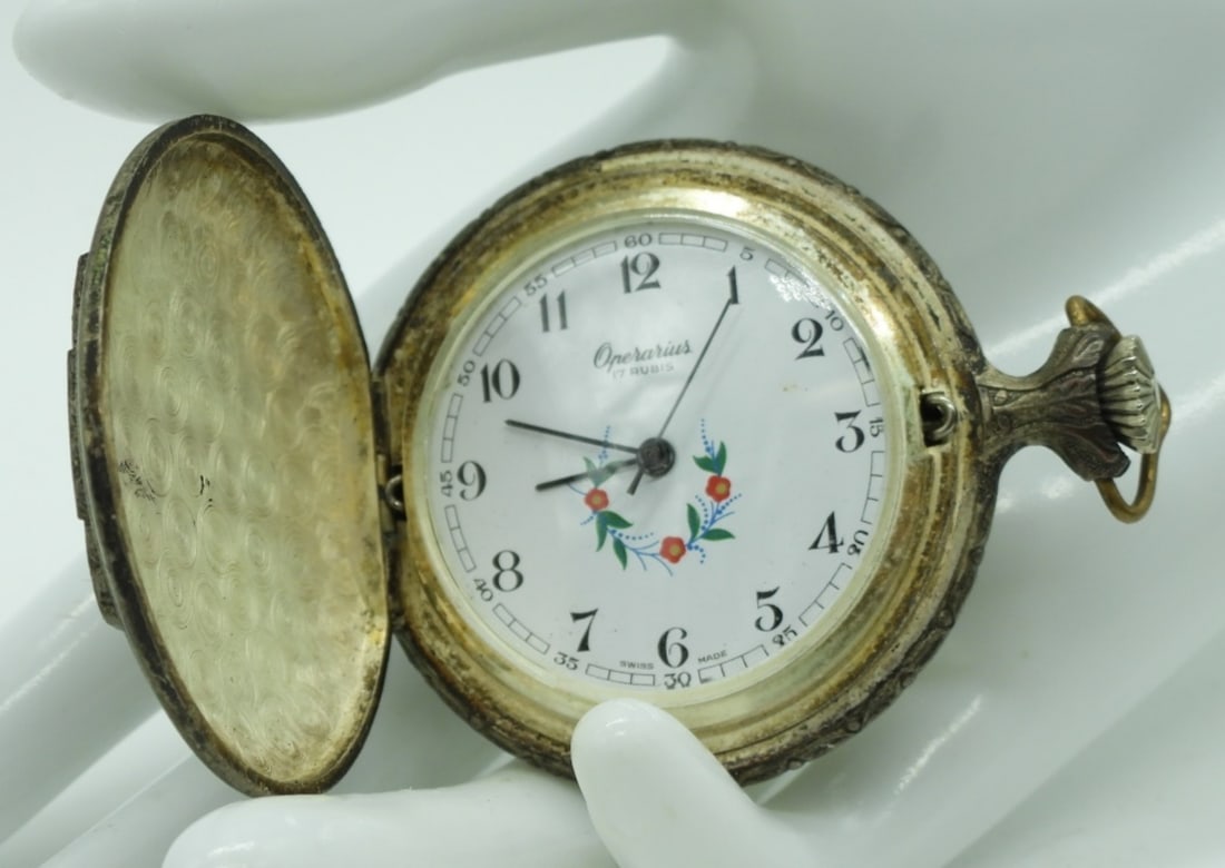 Operarius Swiss Pocket Watch: The watch features the Liberty Bell on one side and a Bald Eagle on the other side. Watches are not verified, authenticated, or tested in running condition unless specified.