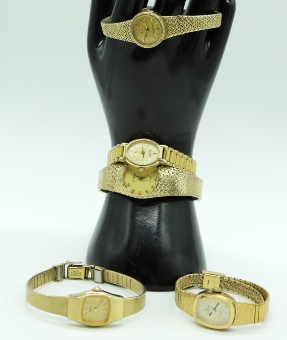 (5) Gold Tone Bracelet Style Watches: Popular Brands Watches are not verified, authenticated, or tested in running condition unless specified