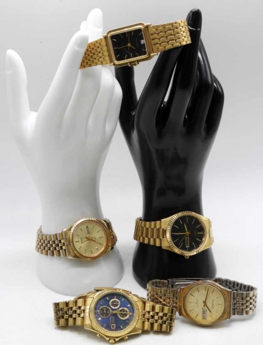 (5) Men's Clasp Watches: Gold Tone Popular Names Watches are not verified, authenticated, or tested in running condition unless specified