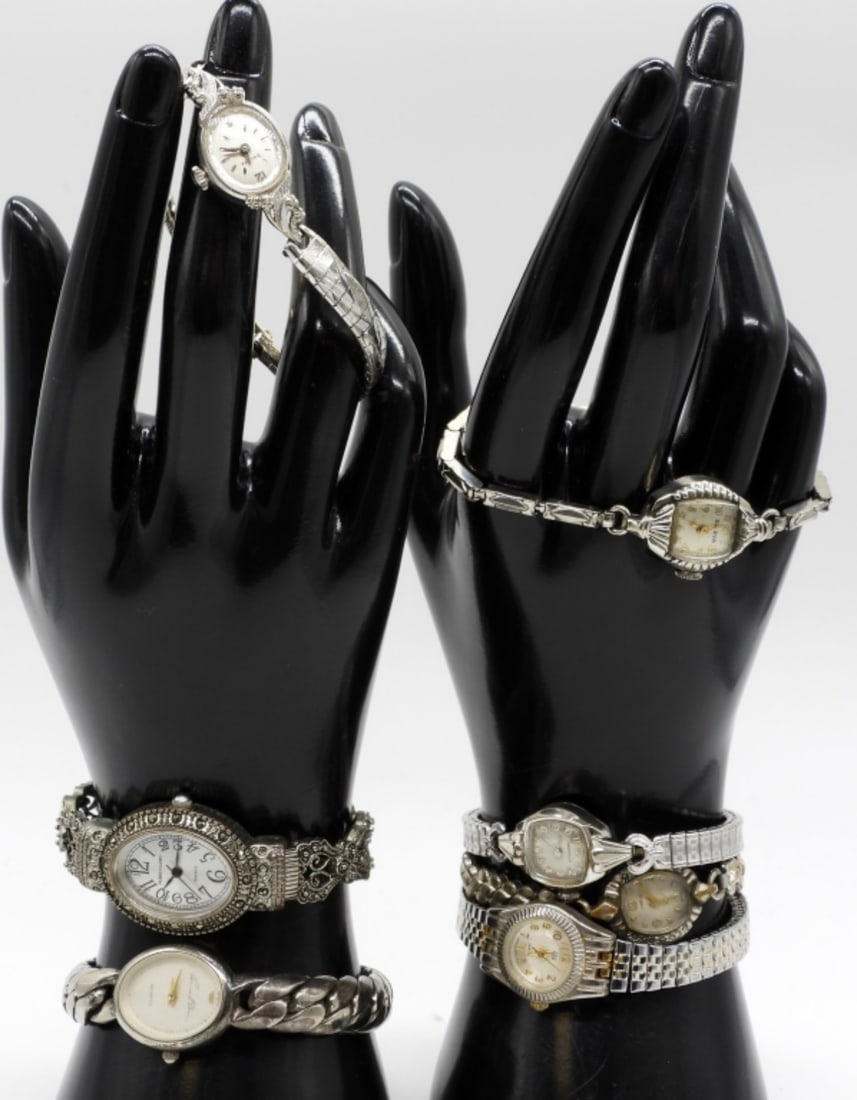 (7) Silver-Tone Women's Watches: All different styles. Different brands like Faded & Glory, Caravella, and more. Watches are not verified, authenticated, or tested in running condition unless otherwise specified.