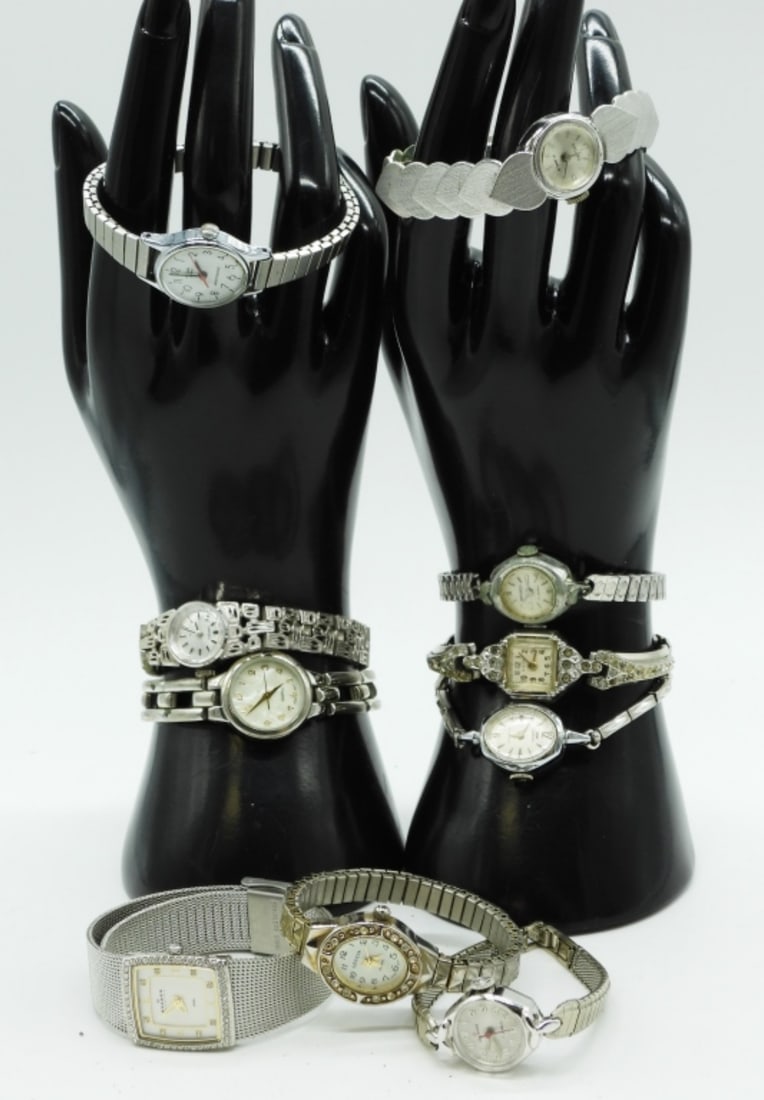 (10) Silver-Tone Fashion Watches: 5-clasps, 5-stretchy. Brands include Barness, Helbros, Seiko, Geneva, and more. Watches are not verified, authenticated, or tested in running condition unless otherwise specified.