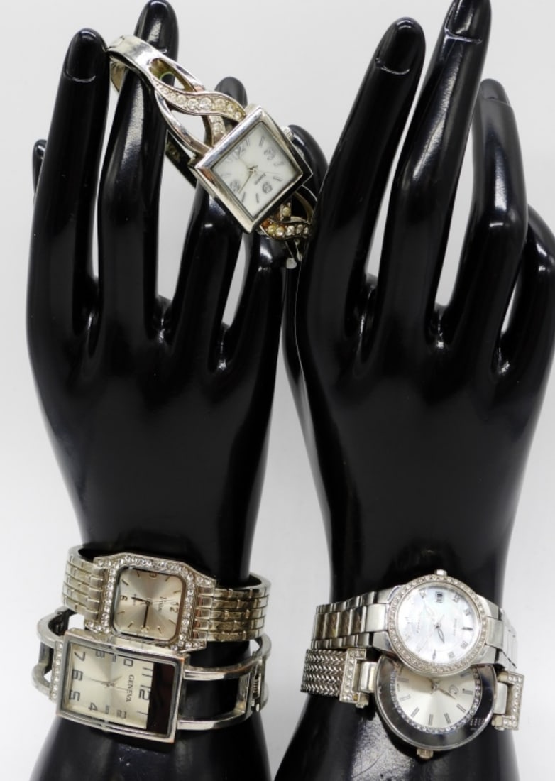 (5) Fashion Silver-Tone Watches: 3- cuff style bands and 2 clasp bands. Brands: Citizen, Geneva, Vivani. Watches are not verified, authenticated, or tested in running condition unless otherwise specified.