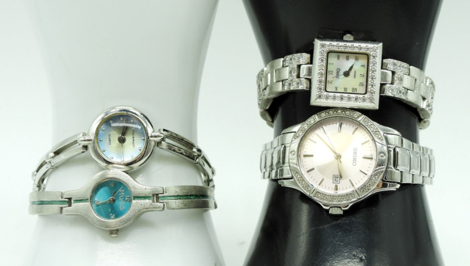 (4) Colorful Face Watches: Brands: Seiko, Mudd, DMQ, Claremont. Watches are not verified, authenticated, or tested in running condition unless otherwise specified.