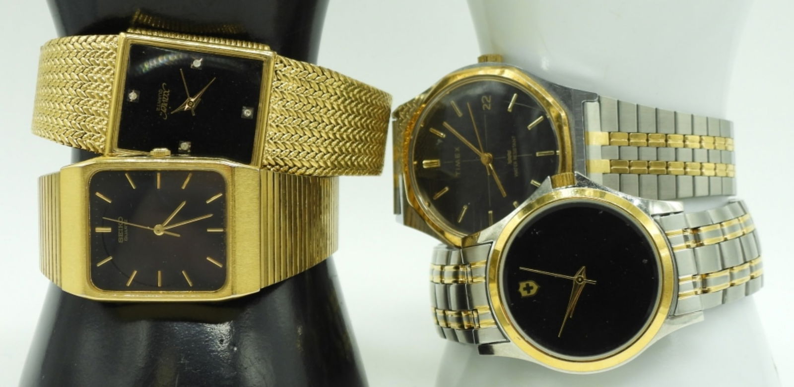 (4) Men's Large Face Watches: Seiko, Timex, Swiss, Xavier. Watches are not verified, authenticated, or tested in running condition unless otherwise specified.