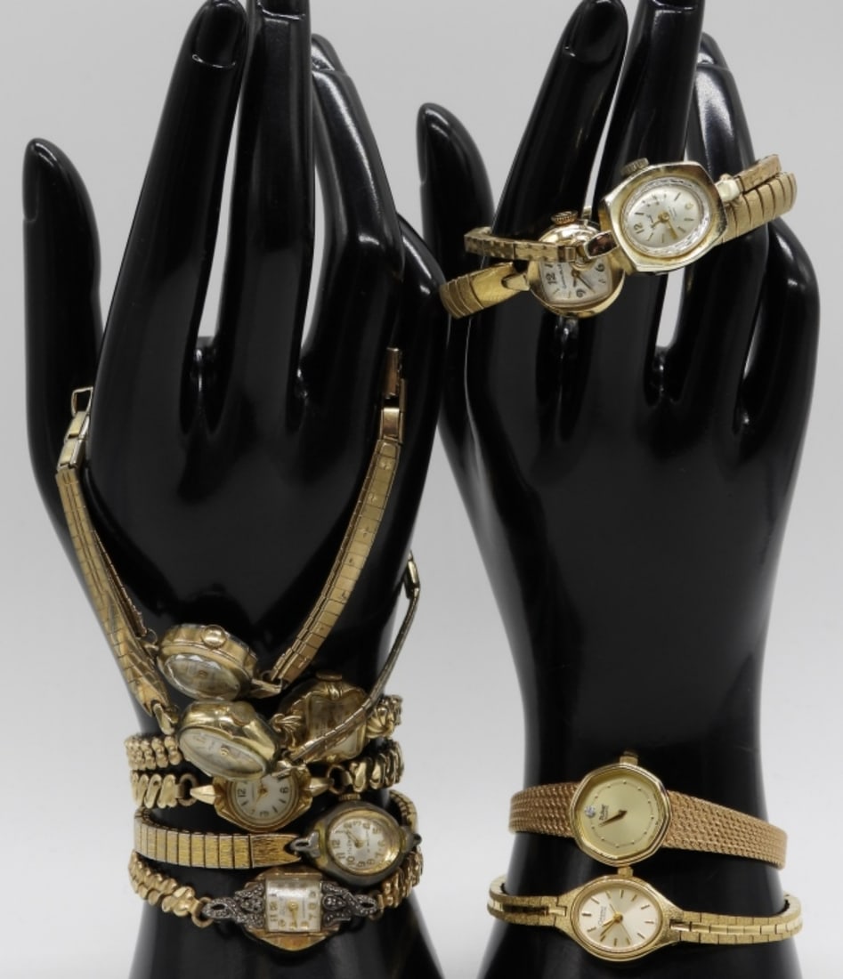 (10) Dainty Gold-Tone Watches: Some brands in this lot: Caravelle, Welsbro, Louis, Roland and more. Watches are not verified, authenticated, or tested in running condition unless otherwise specified.