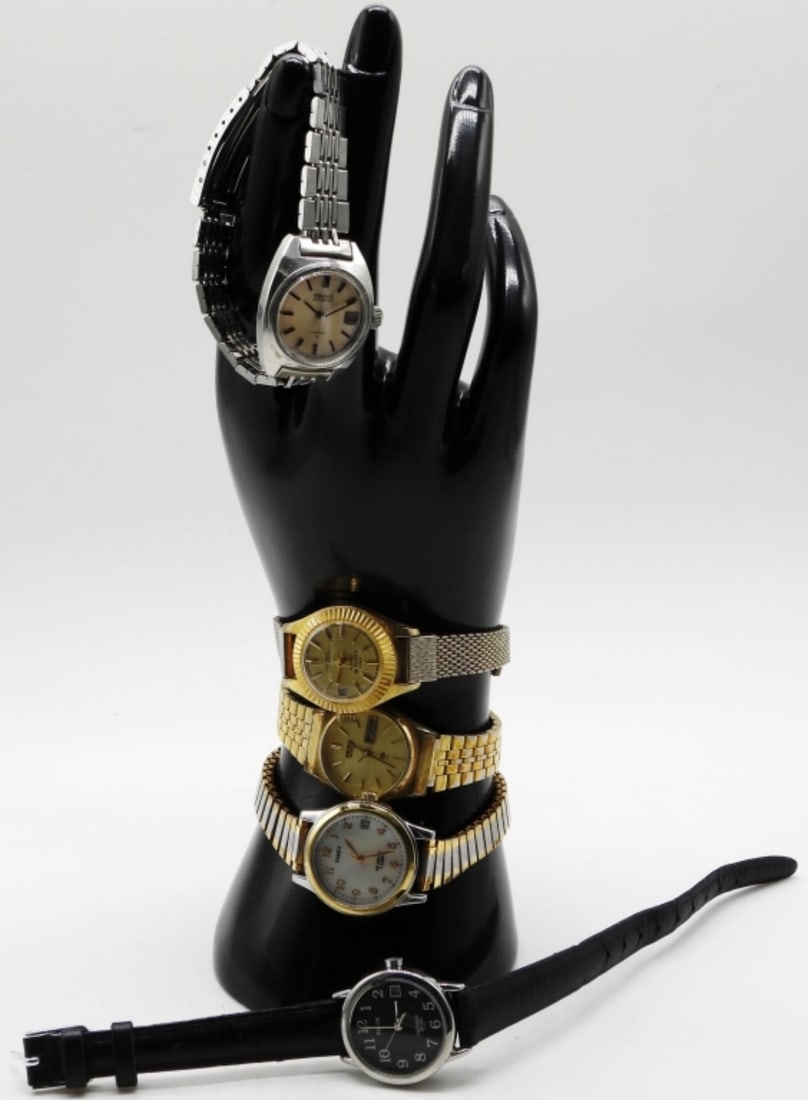 (5) Women's Day Date Watches: Eseikor, Seiko, Timex. Watches are not verified, authenticated, or tested in running condition unless specified.