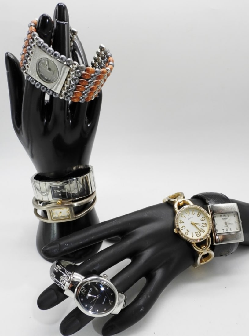 (6) Women's Cuff Watches: Different unique styles. Watches are not verified, authenticated, or tested in running condition unless specified.