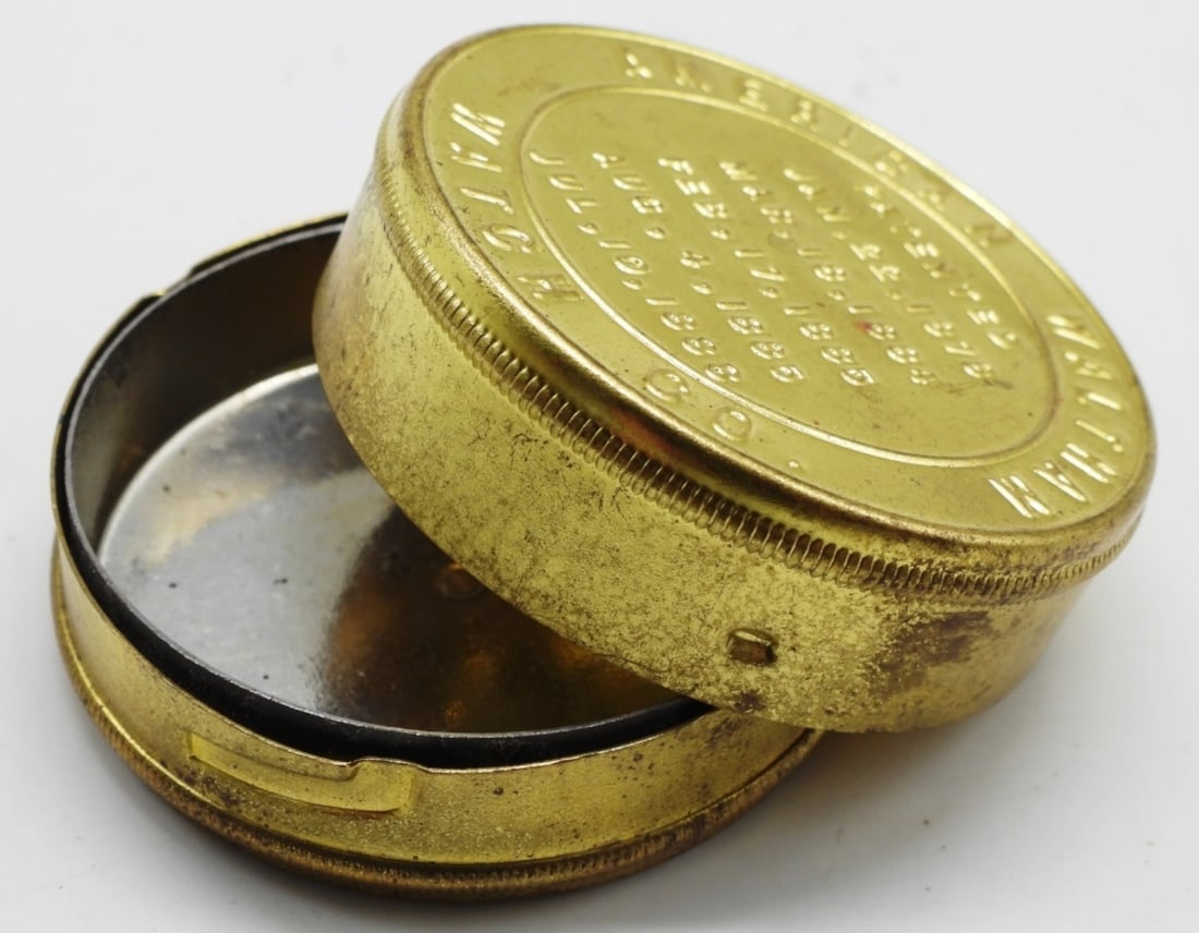 Waltham Pocket Watch Dust Cover: The lid lists several patent dates ranging from Jan. 22, 1878, to July 10, 1888. Watches are not verified, authenticated, or tested in running condition unless specified.