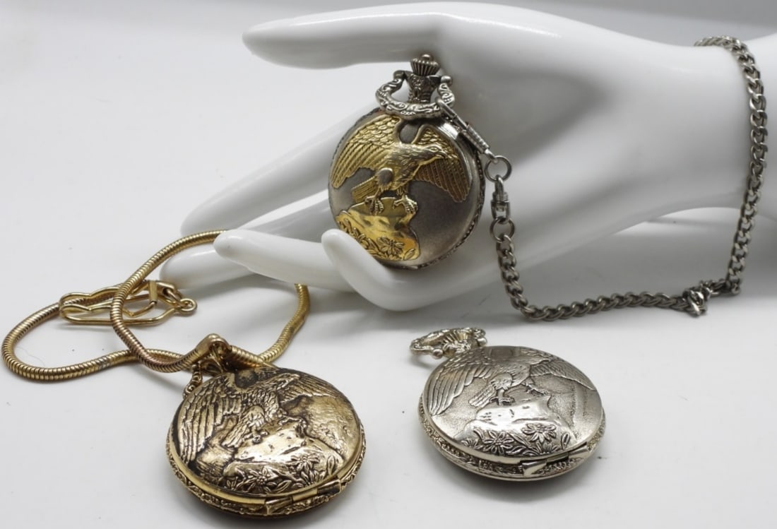 (3) Classic Eagle Pocket Watches: None works. ((1) is gold tone. (2) Are silver-tone.) Watches are not verified, authenticated, or tested in running condition unless specified.