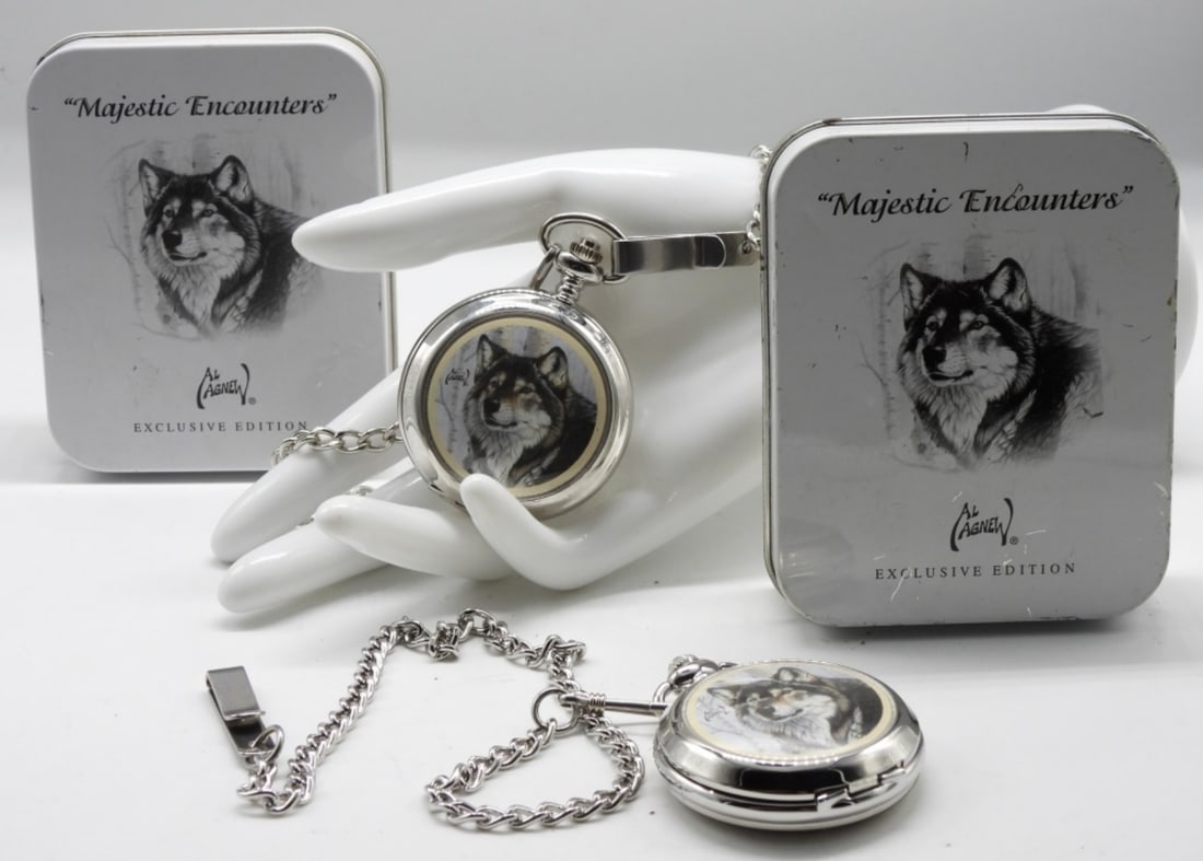 (2) Al Agnes Wolf Pocket Watches In A Tin: These are perfect for matching brothers or father and son. Watches are not verified, authenticated, or tested in running condition unless specified.