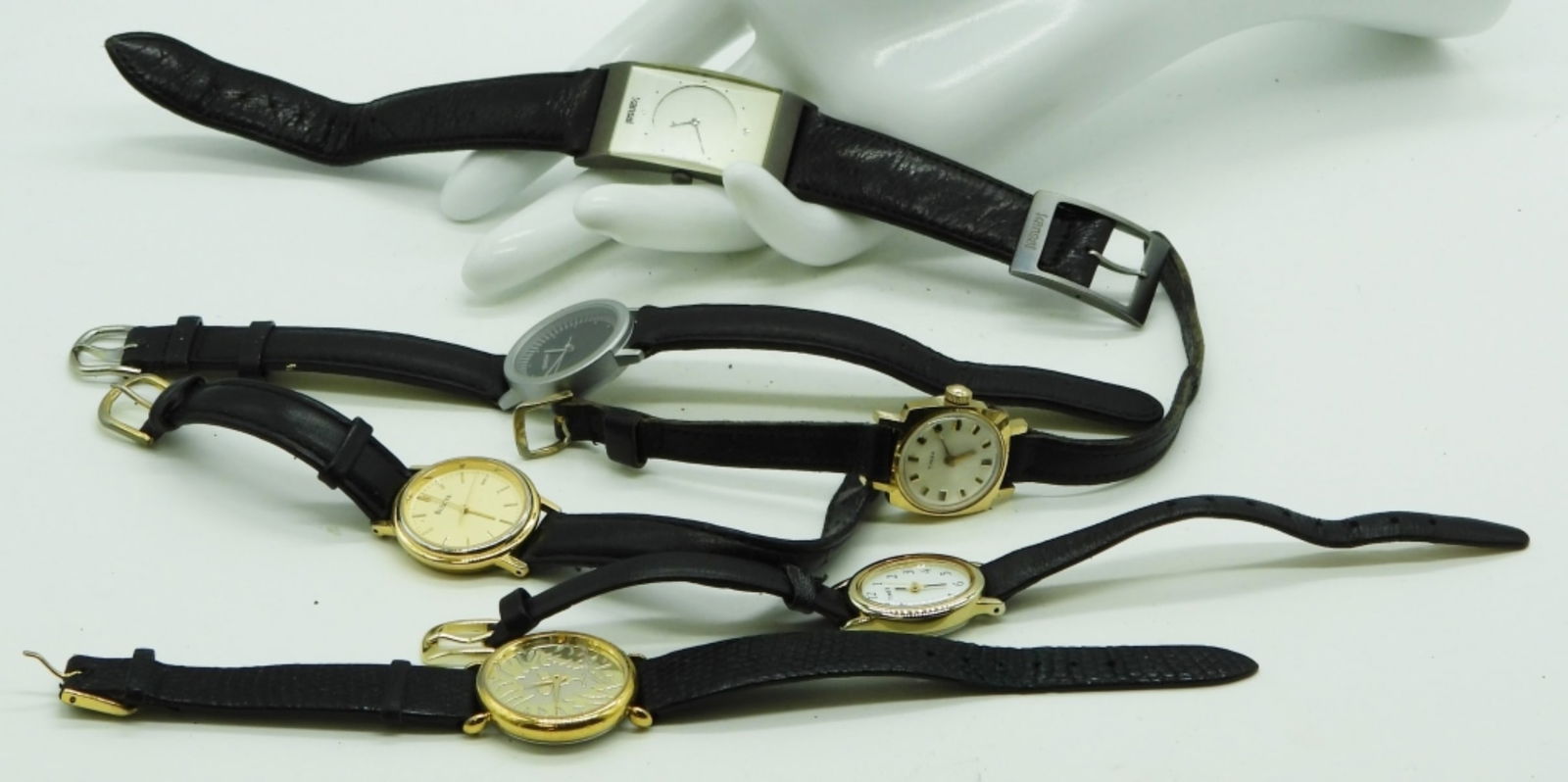 (6) Black Leather & Faux Leather Band Watches: Bulova, Timex, & More Watches are not verified, authenticated, or tested in running condition unless specified