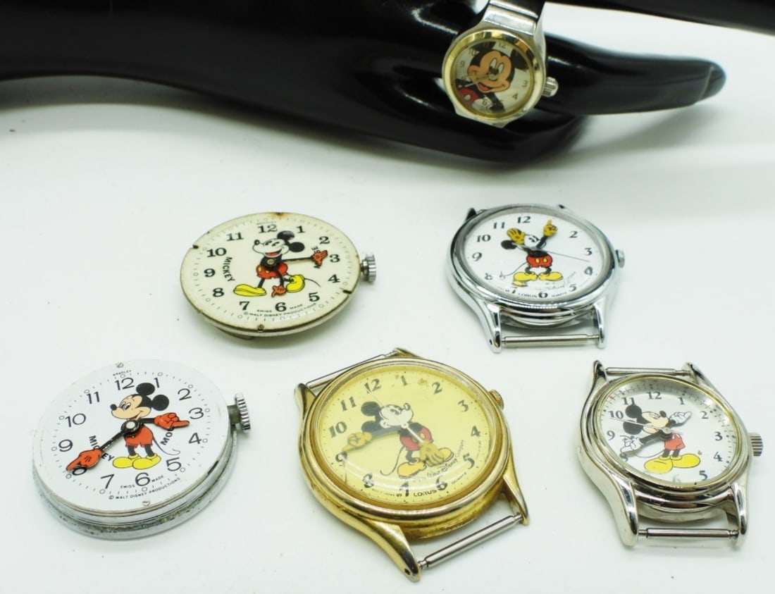 (5) Mickey Mouse Watch Faces & Ring Watch: For Parts & Repair Watches are not verified, authenticated, or tested in running condition unless specified