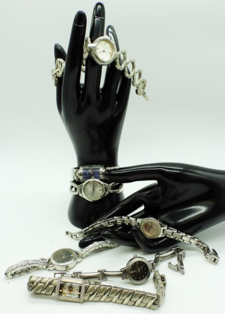 (7) Clasp Style Silver Tone Watches: Different Shape Faces & Colors Watches are not verified, authenticated, or tested in running condition unless specified