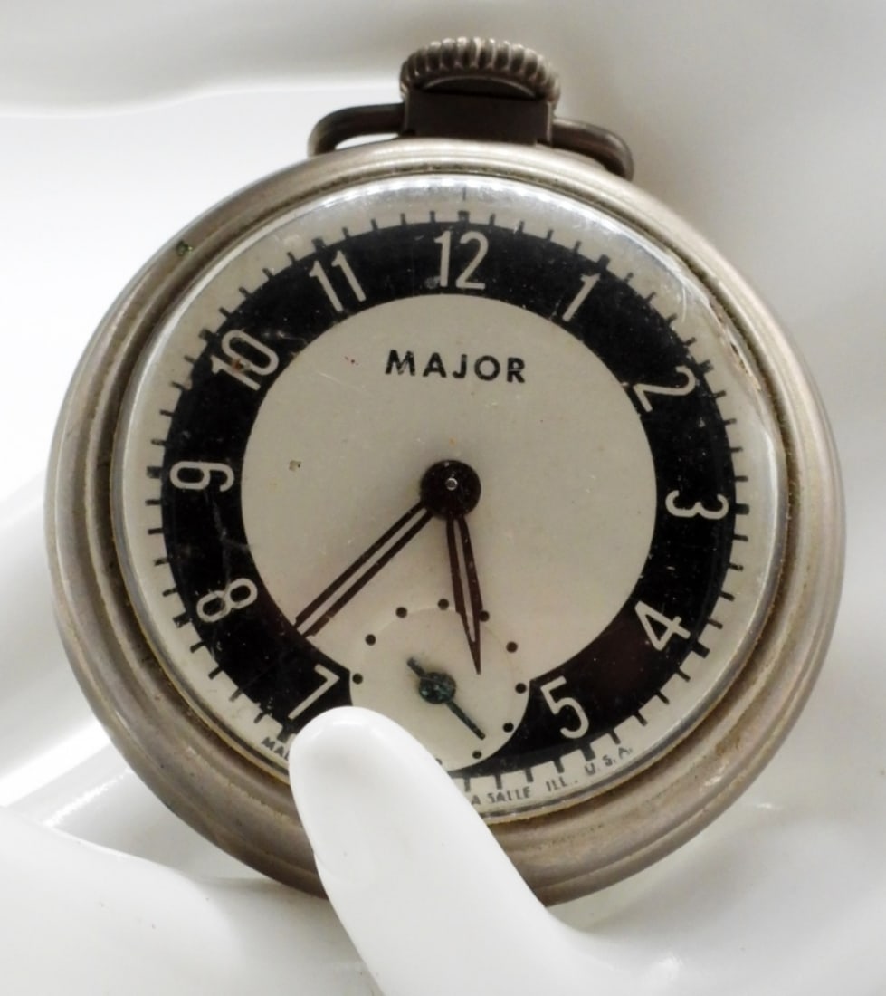 Major Open Face Pocket Watch: Works! This watch is a silver-tone watch with a black and white face. Watches are not verified, authenticated, or tested in running condition unless specified.