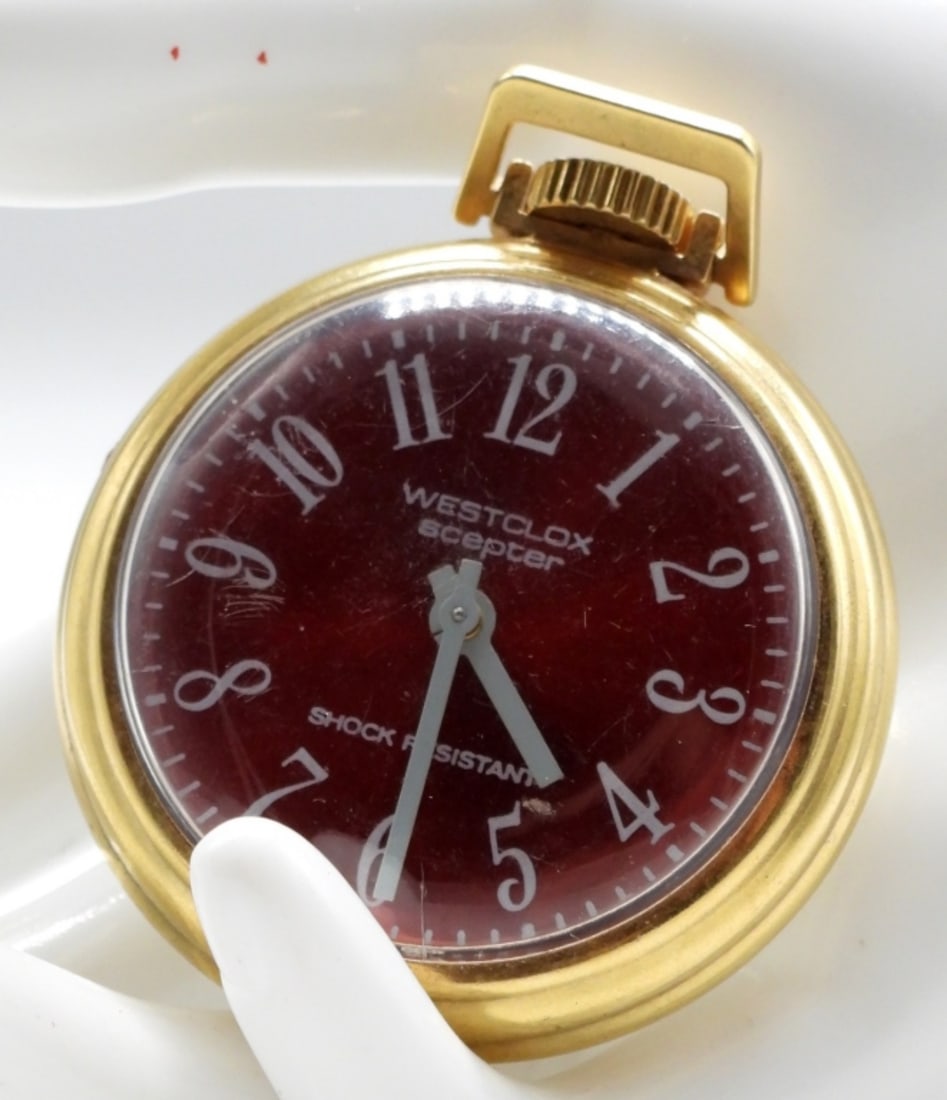 Westclox Scepter Pocket Watch Red Dial: Working! Shock-Resistant, wind-up mechanism. Watches are not verified, authenticated, or tested in running condition unless specified.