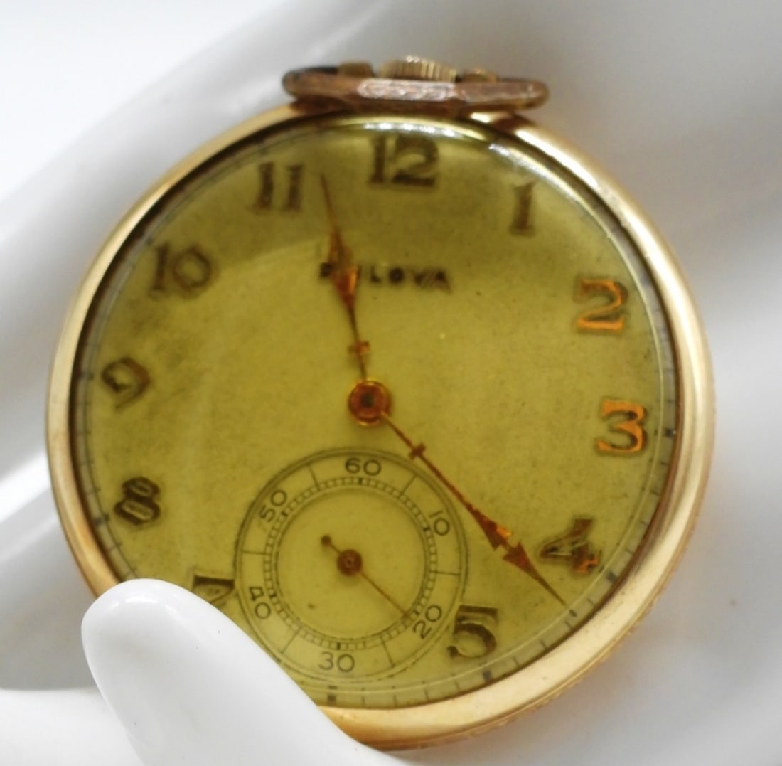 Bulova Open Face Pocket Watch: Working! This watch has 10K rolled gold plate. Watches are not verified, authenticated, or tested in running condition unless specified.