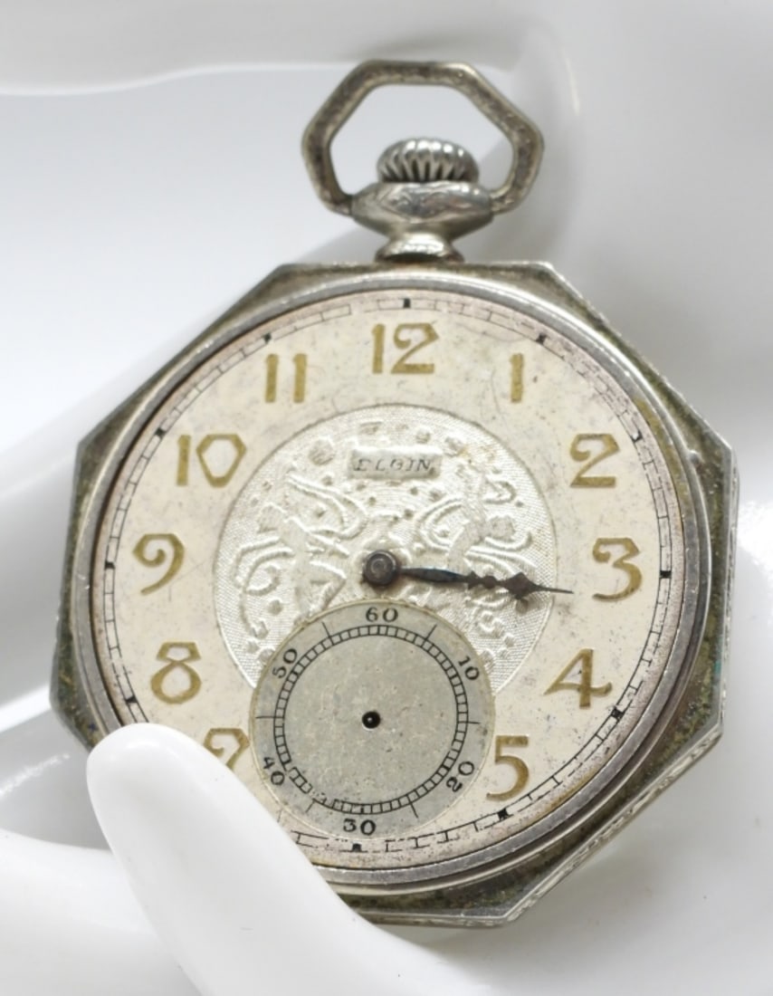 Elgin Open Faced Pocket Watch: Watch for parts. Watches are not verified, authenticated, or tested in running condition unless specified.