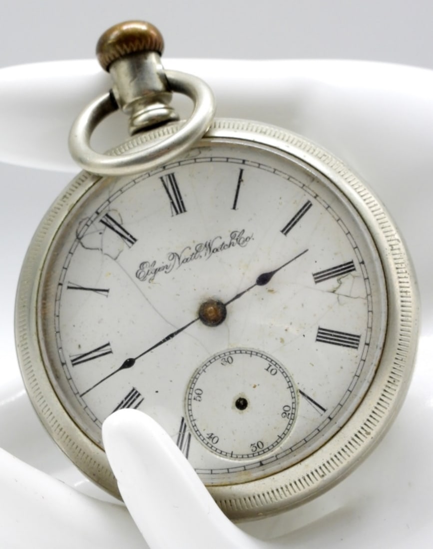 Elgin National Watch Company Pocket Watch: This watch is missing the second hand in the sub-second dial. The face is also cracked. For parts. -Watches are not verified, authenticated, or tested in running condition unless specified.