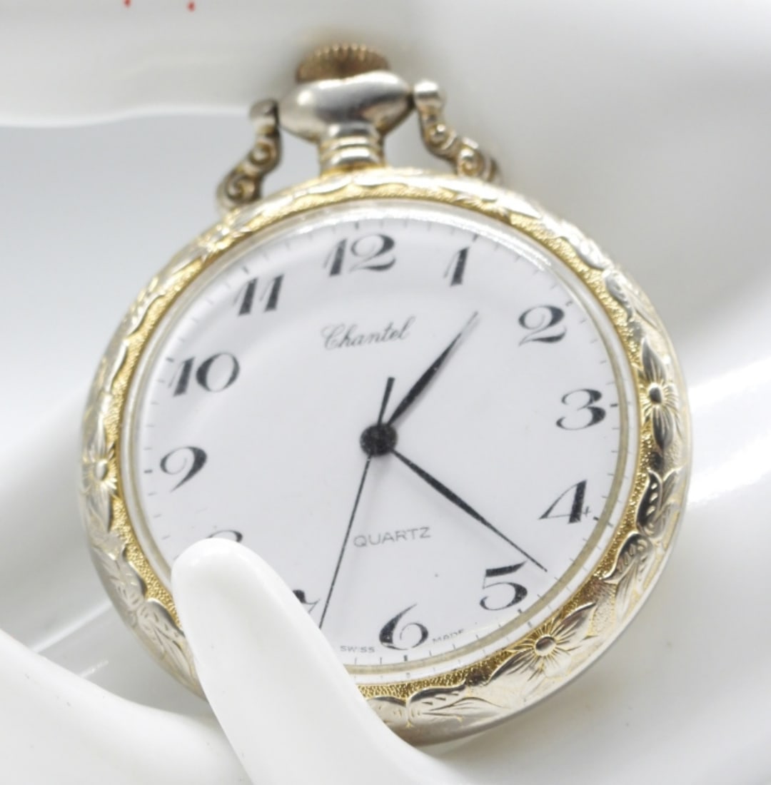 Chantel Open Face Pocket Watch: The crown is loose. Watches are not verified, authenticated, or tested in running condition unless specified.