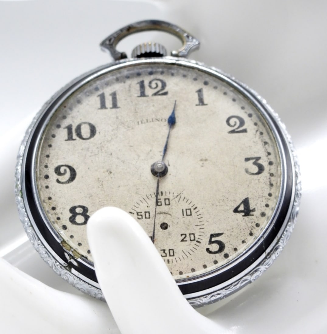 Illinois Open Face Pocket Watch: The watch is missing the second hand on the sub-second dial, as well as some wear in the enamel around the face. Watches are not verified, authenticated, or tested in running condition unless