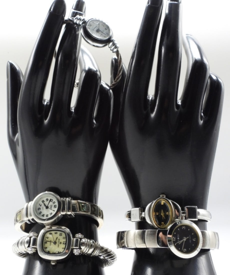 (5) Silver-Tone Cuff Watches: Different styles. Brands: Bella Rose, Da Vanci, Ologi, Vivani. Watches are not verified, authenticated, or tested in running condition unless specified.